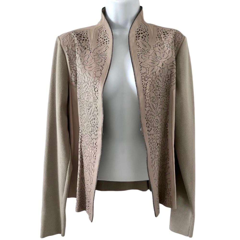Elie Tahari Leather Jacket Mixed Media Wool Knit Laser Cut Women’s Large
